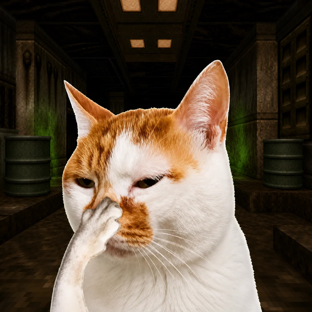 Stink Cat among barrels