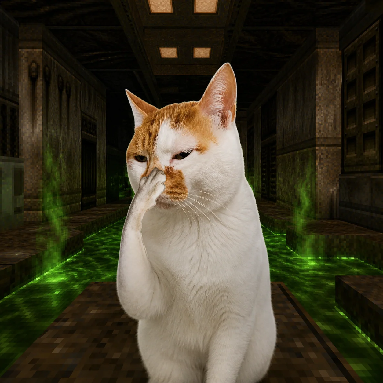 Stink Cat in a corridor