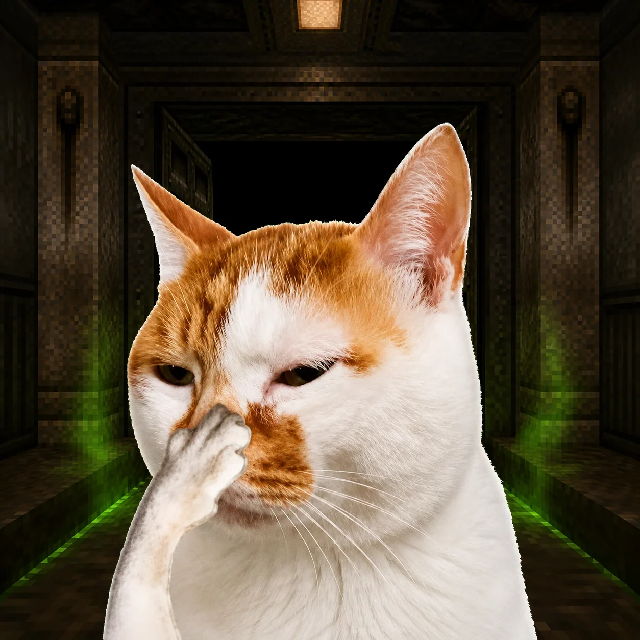 Stink Cat in front of an open door